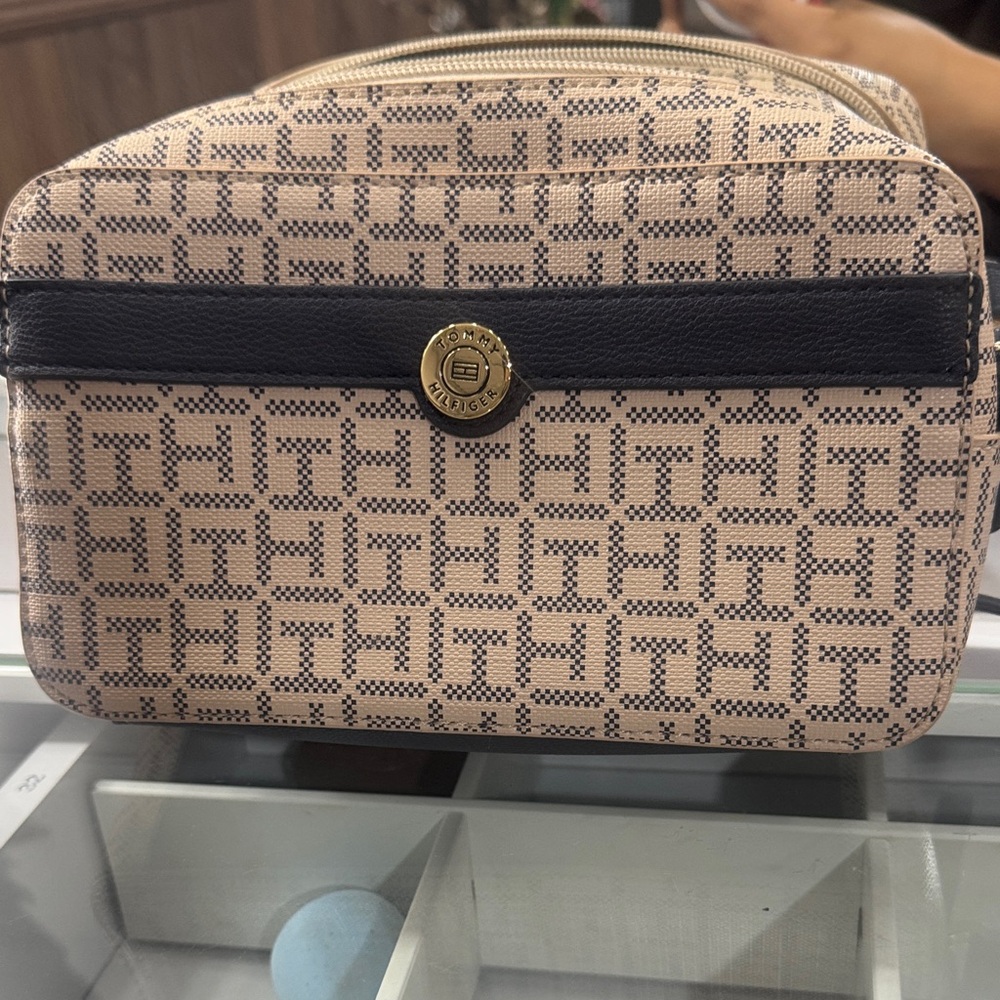 Tommy Hilfiger Tan and Black Monogram Cosmetic Case